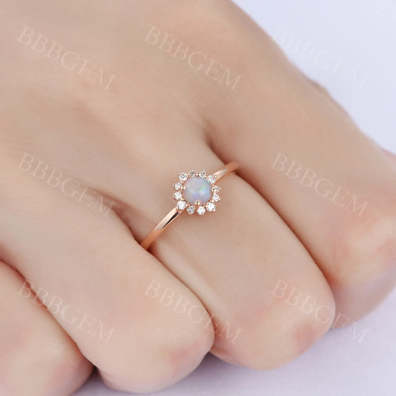 0.5CT Dainty White Fire Opal Engagement Ring Diamond Halo Ring Rose Gold