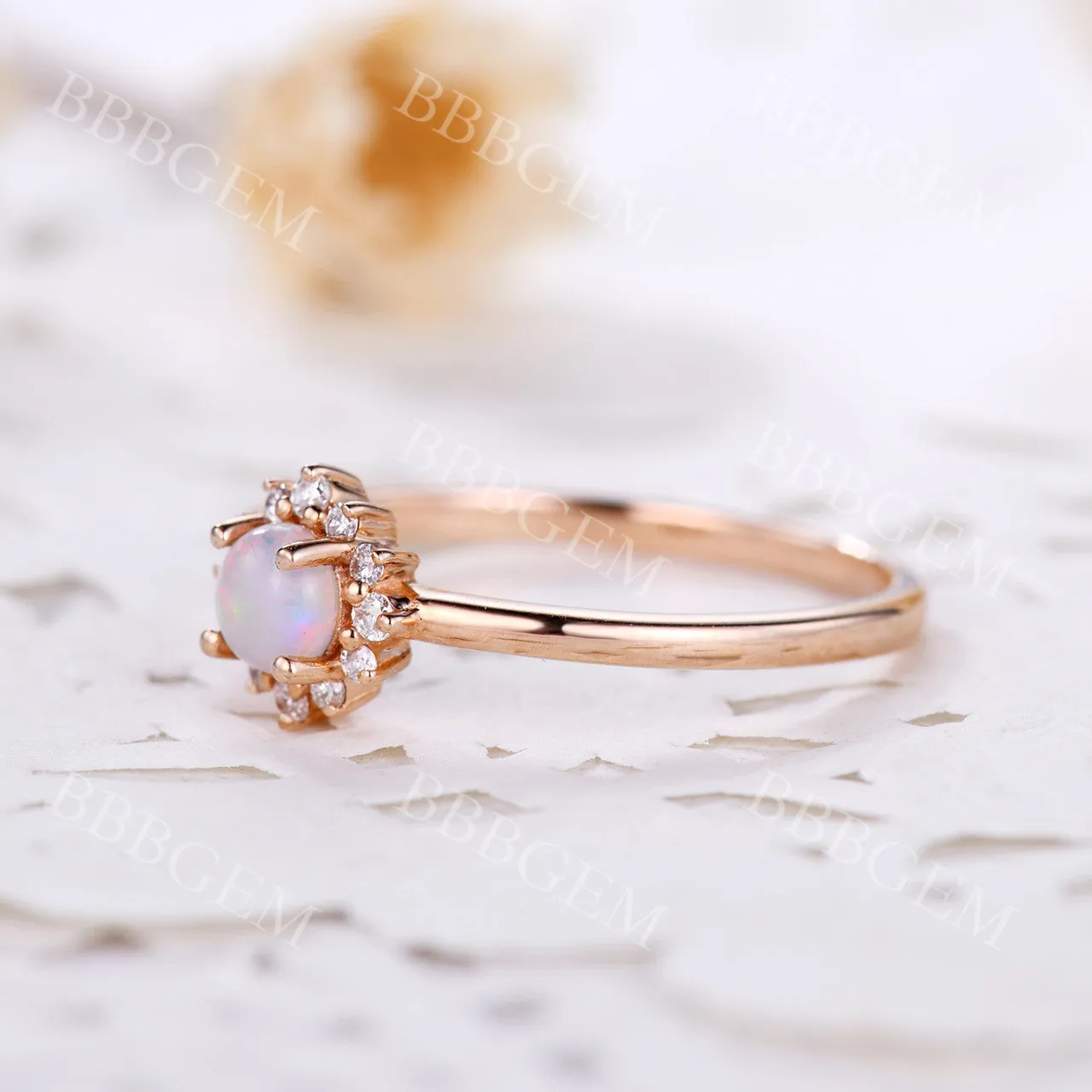 0.5CT Dainty White Fire Opal Engagement Ring Diamond Halo Ring Rose Gold