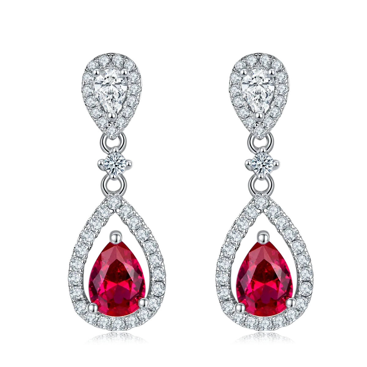 0.8 Carat Pear Shaped Lab Created Ruby Halo Drop Earrings in S925 Silver Plated Platinum