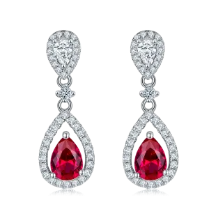 0.8 Carat Pear Shaped Lab Created Ruby Halo Drop Earrings in S925 Silver Plated Platinum