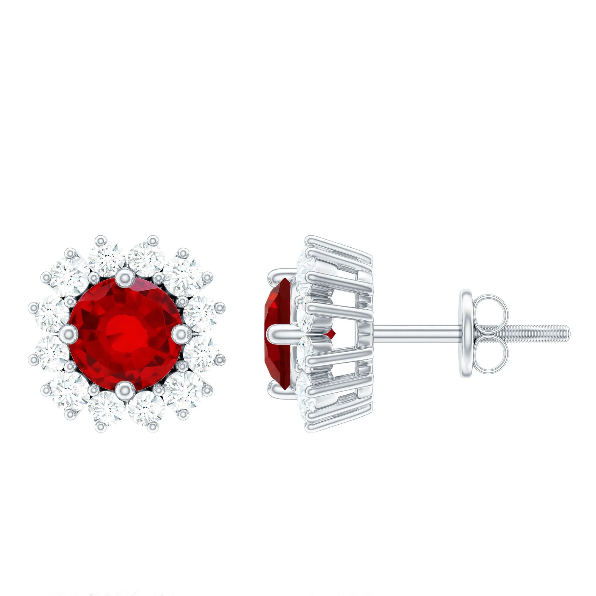 1 CT Created Ruby and Diamond Halo Stud Earrings