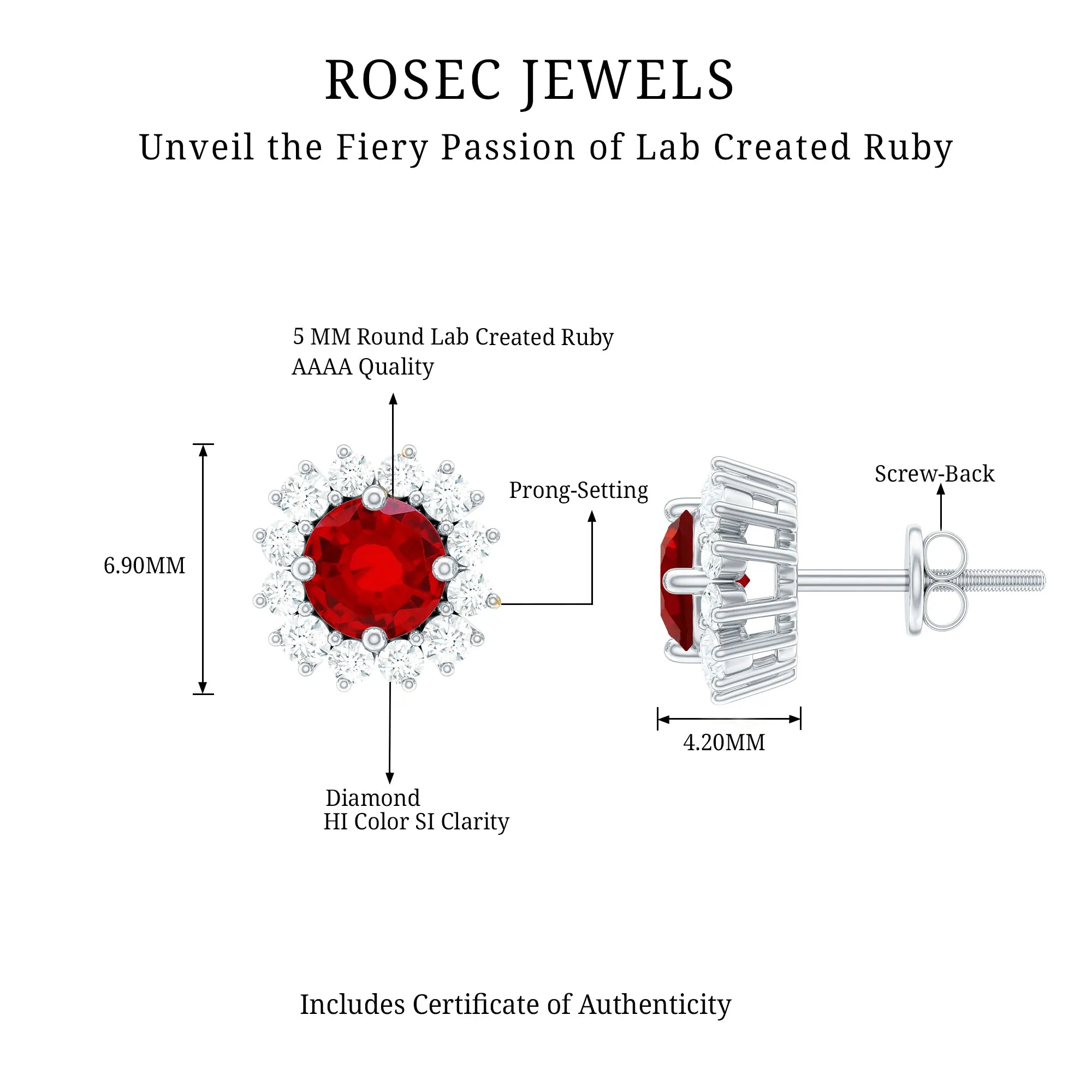 1 CT Created Ruby and Diamond Halo Stud Earrings