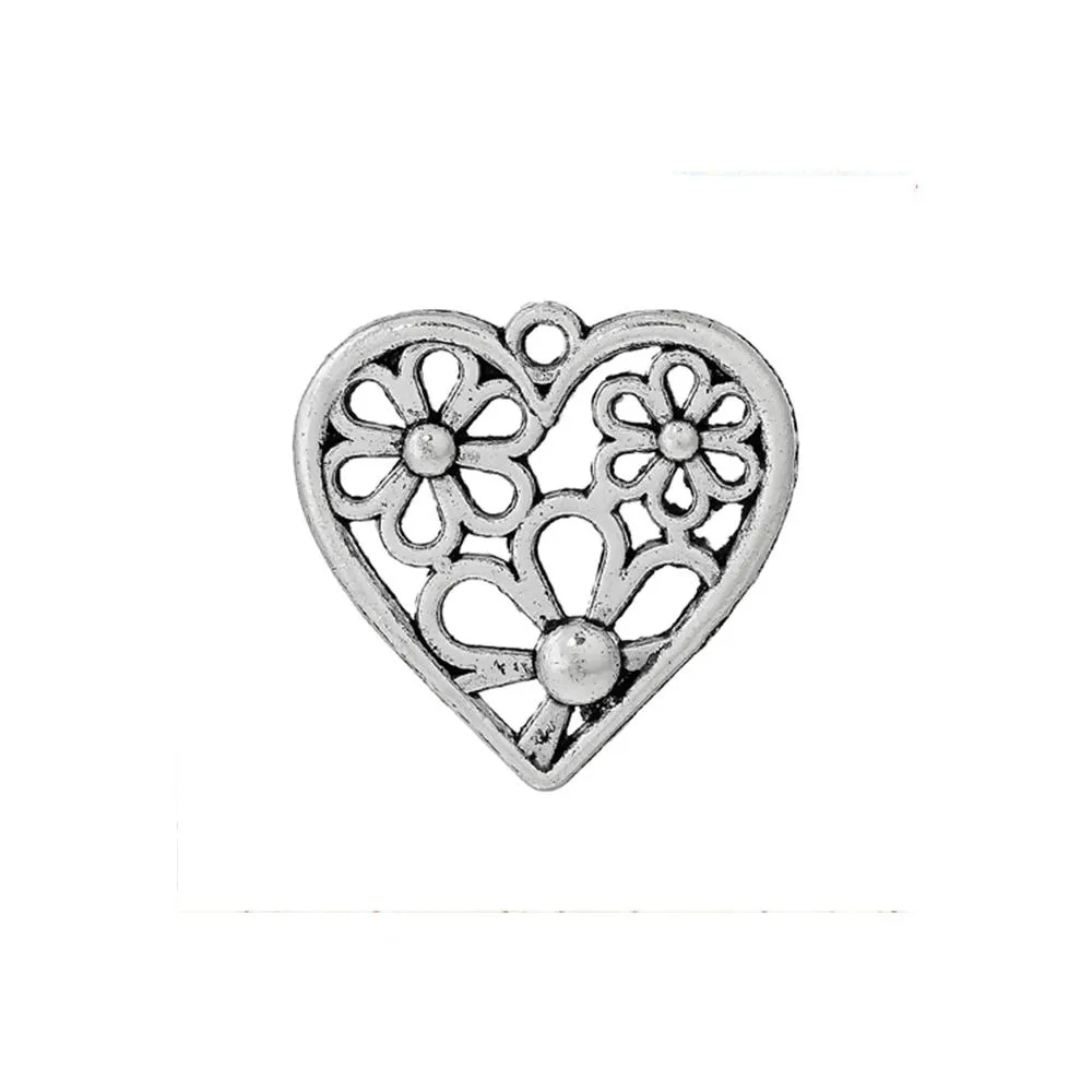 10 Pcs Tibetan Silver FLOWER CARVED HOLLOW HEART 29mm Charms Pendants, Lead & Nickel Free Metal Charms Pendants Beads