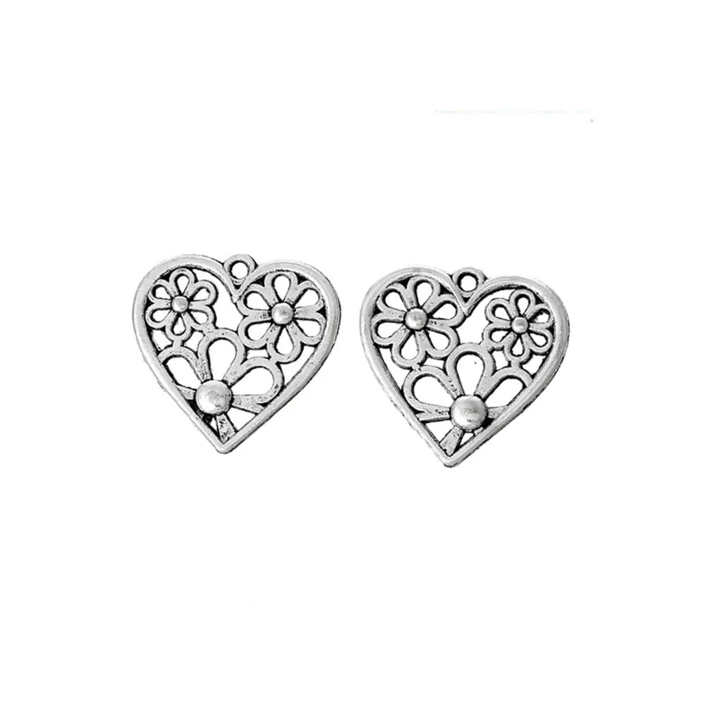 10 Pcs Tibetan Silver FLOWER CARVED HOLLOW HEART 29mm Charms Pendants, Lead & Nickel Free Metal Charms Pendants Beads