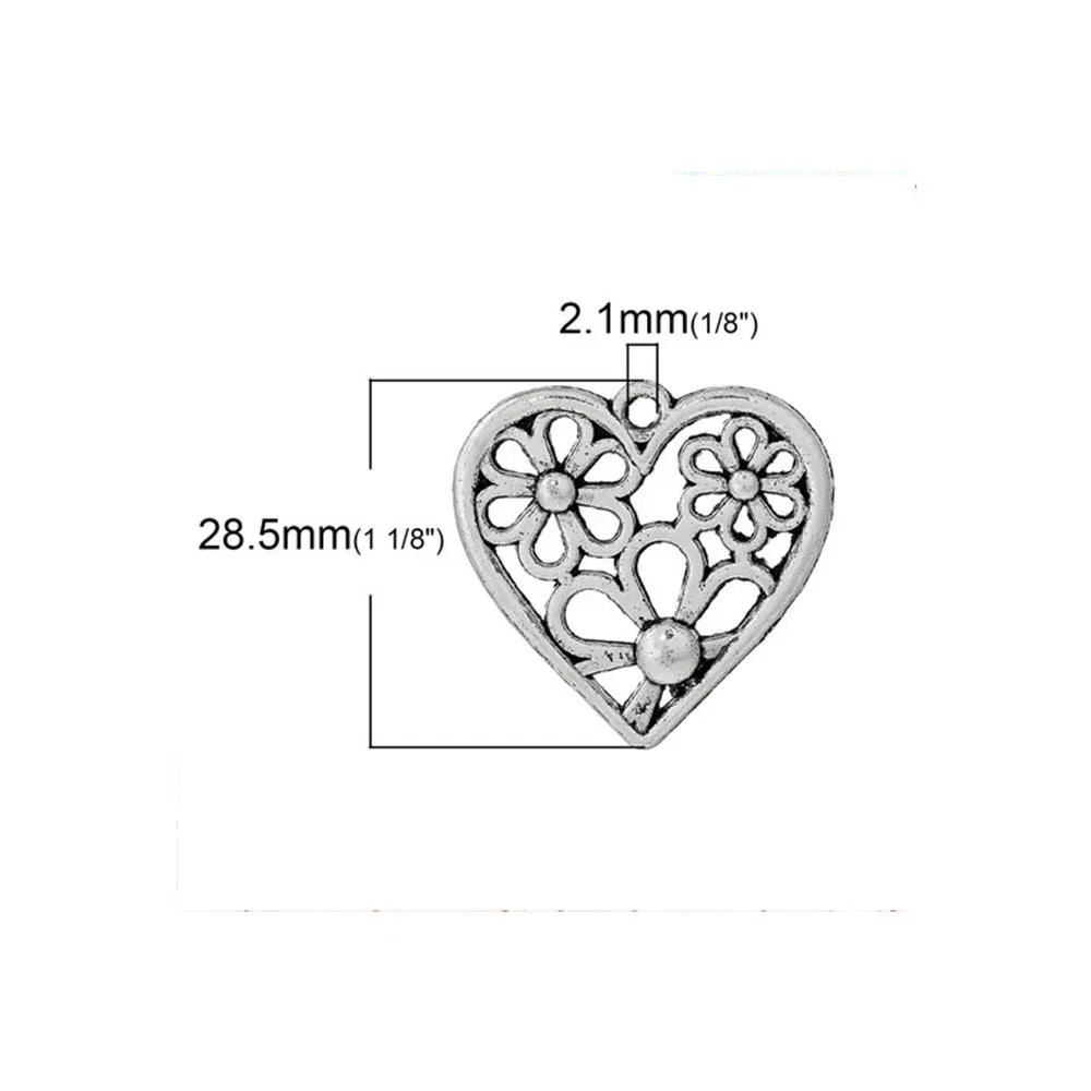 10 Pcs Tibetan Silver FLOWER CARVED HOLLOW HEART 29mm Charms Pendants, Lead & Nickel Free Metal Charms Pendants Beads