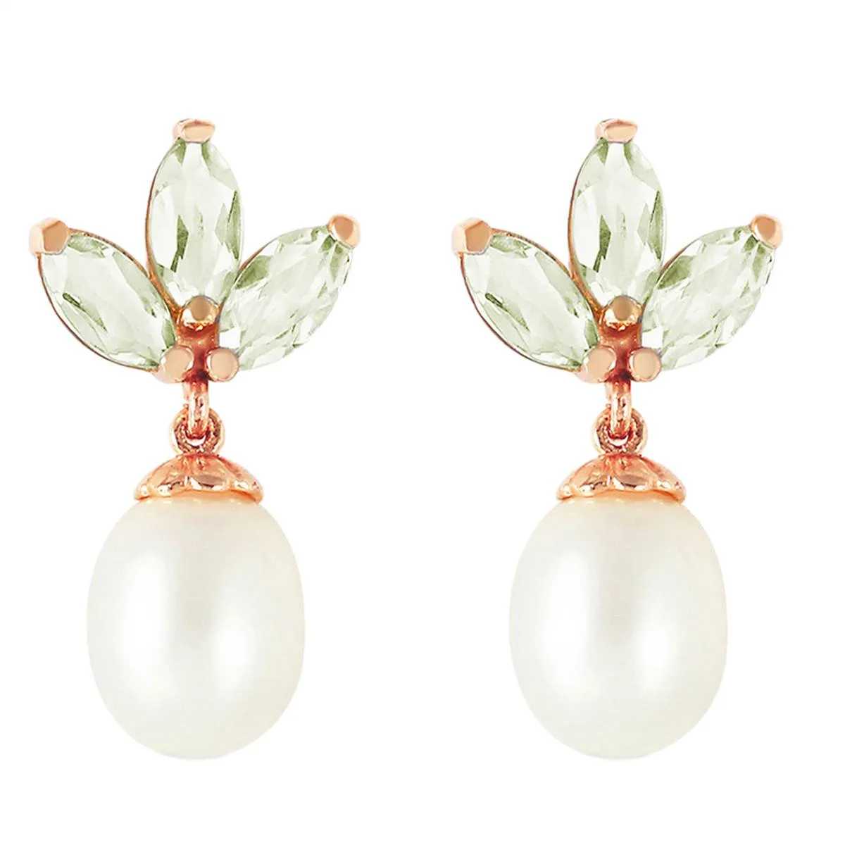 14K Solid Rose Gold Dangling Earrings w/ Pearls & Green Amethyst