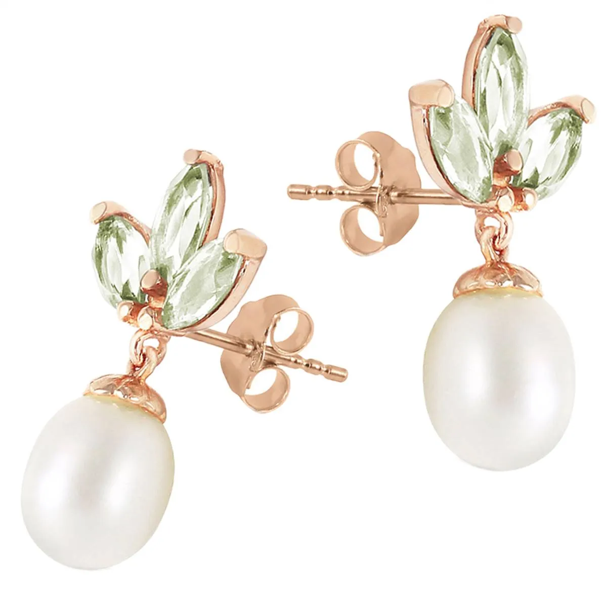 14K Solid Rose Gold Dangling Earrings w/ Pearls & Green Amethyst