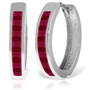 14K Solid White Gold Hoop Huggie Earrings w/ Rubies