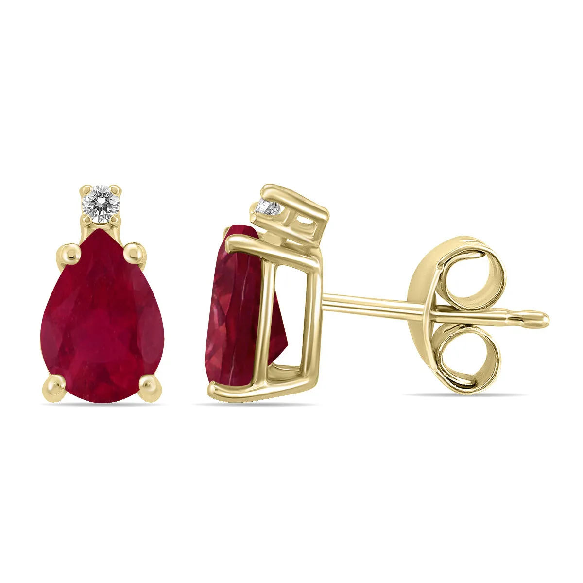 14K Yellow Gold 5X3Mm Pear Ruby And Diamond Earrings