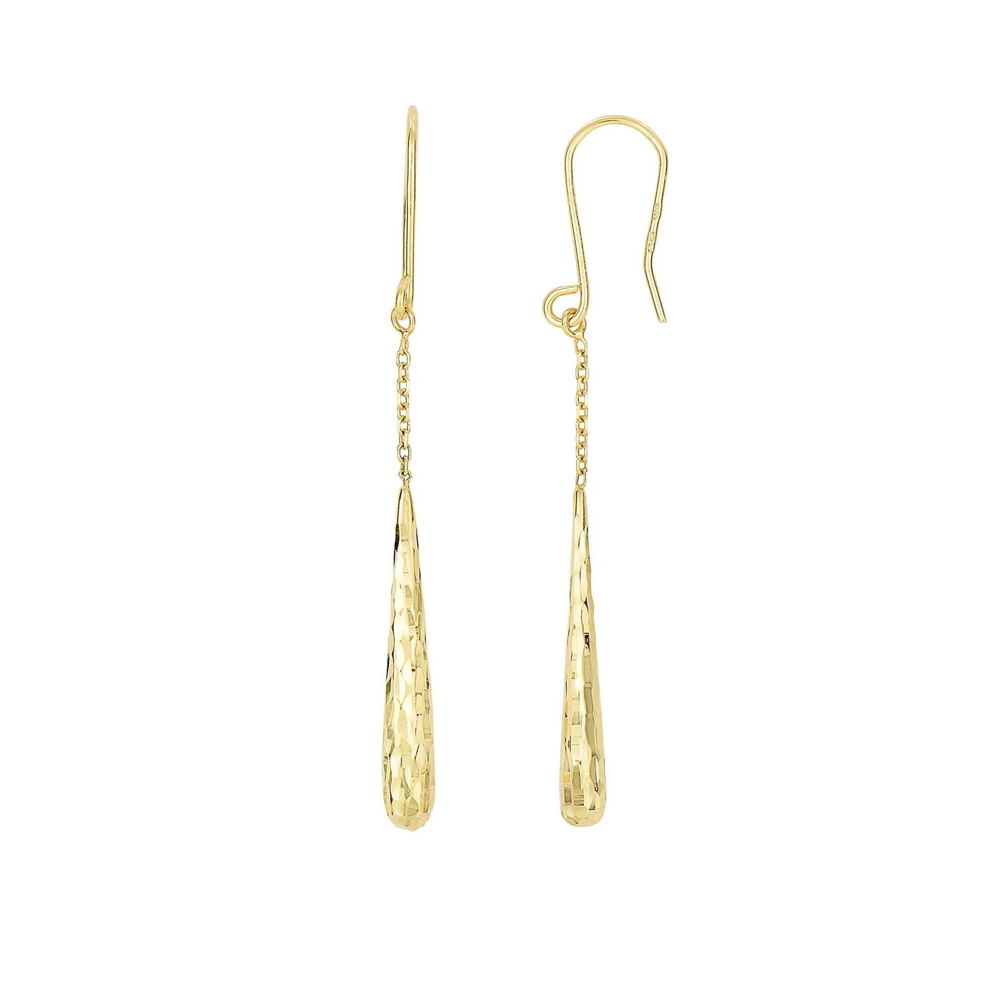 14K Yellow Gold Diamond Cut Long Teardrop Drop Earrings