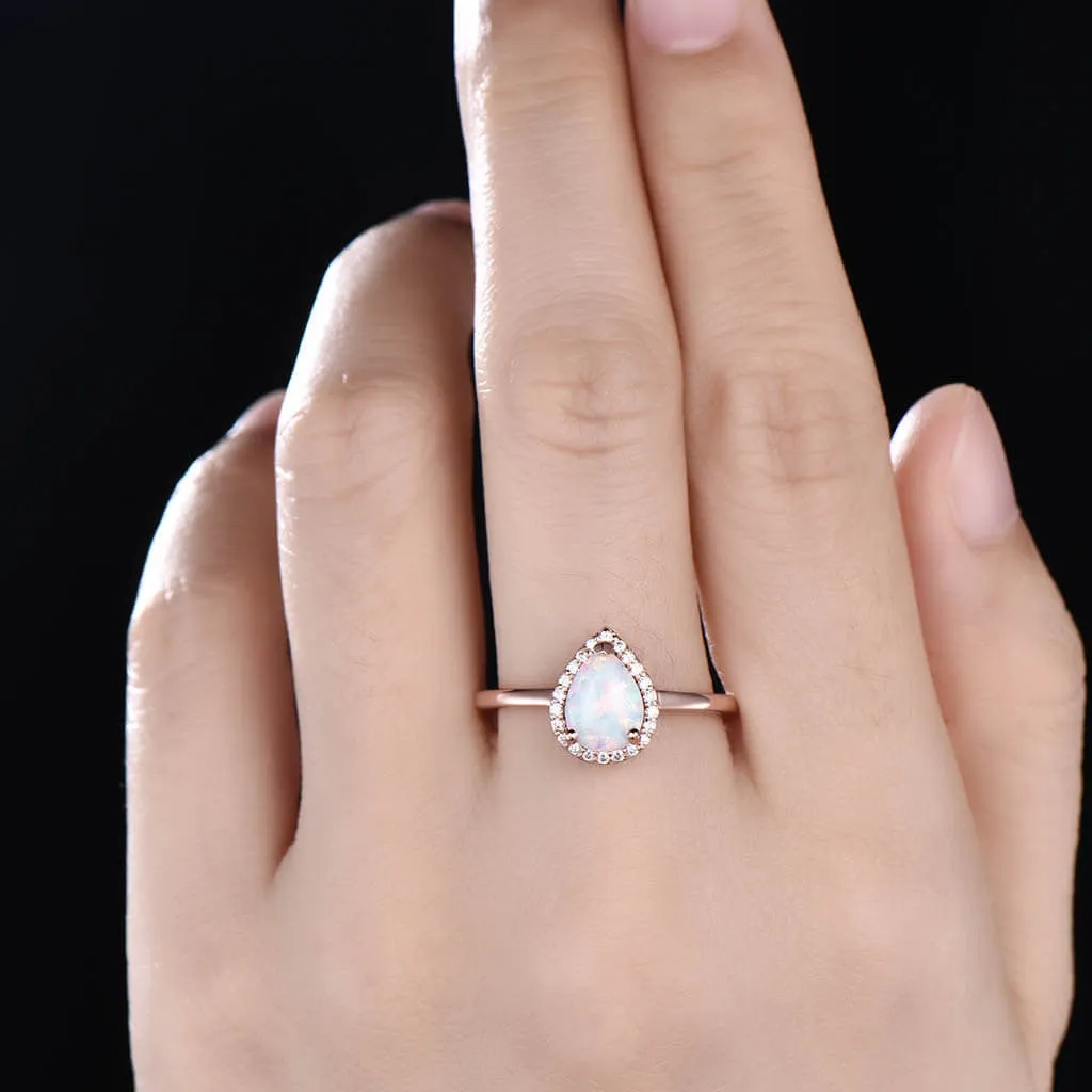 14K/18K Gold Classic Pear Shaped Opal Rose Gold Engagement Ring Halo