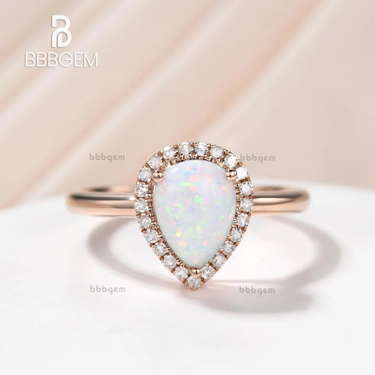 14K/18K Gold Classic Pear Shaped Opal Rose Gold Engagement Ring Halo