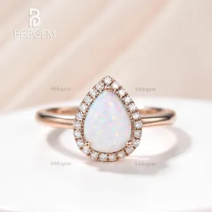 14K/18K Gold Classic Pear Shaped Opal Rose Gold Engagement Ring Halo