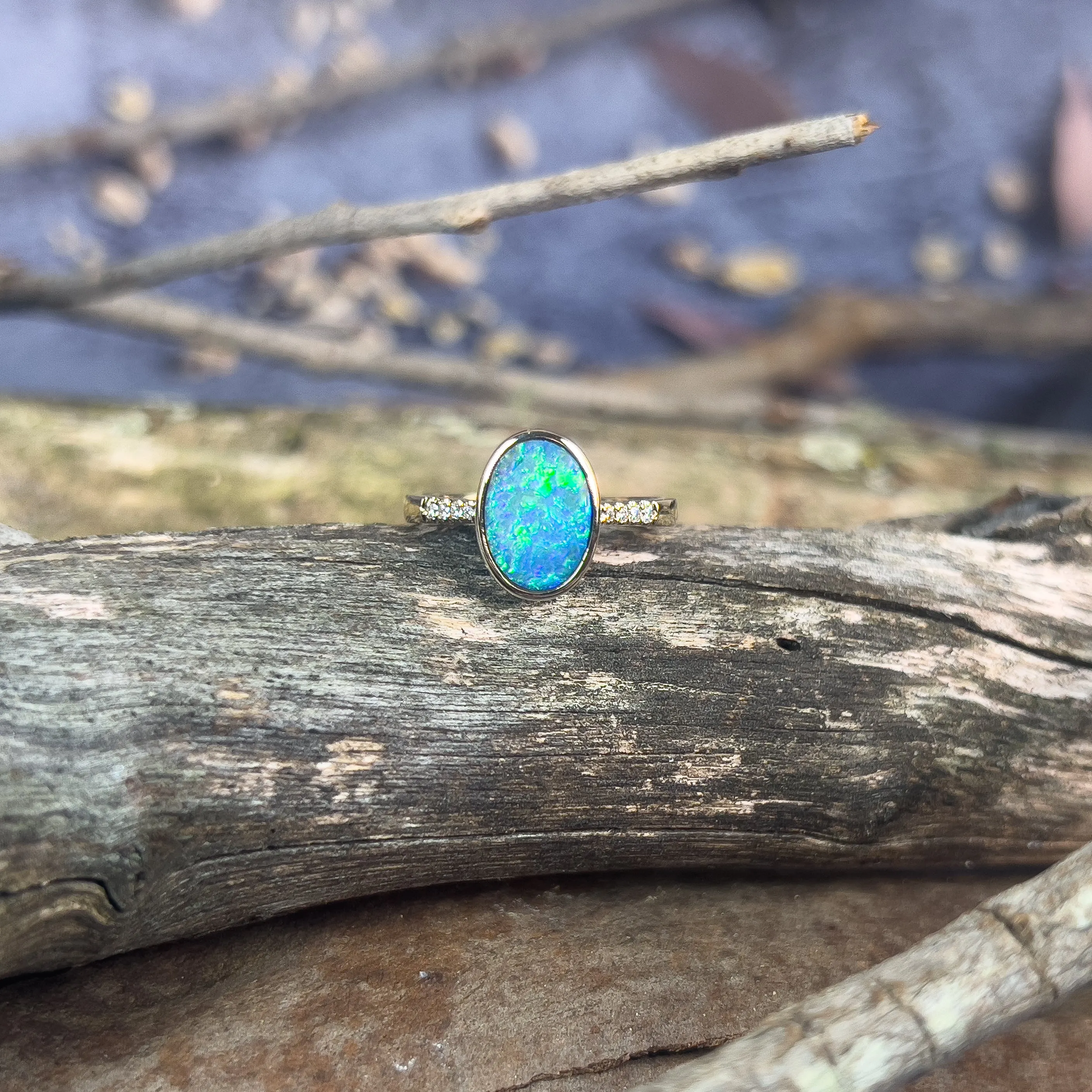 14kt Yellow Gold Black Opal 1.67ct doublet and diamond ring