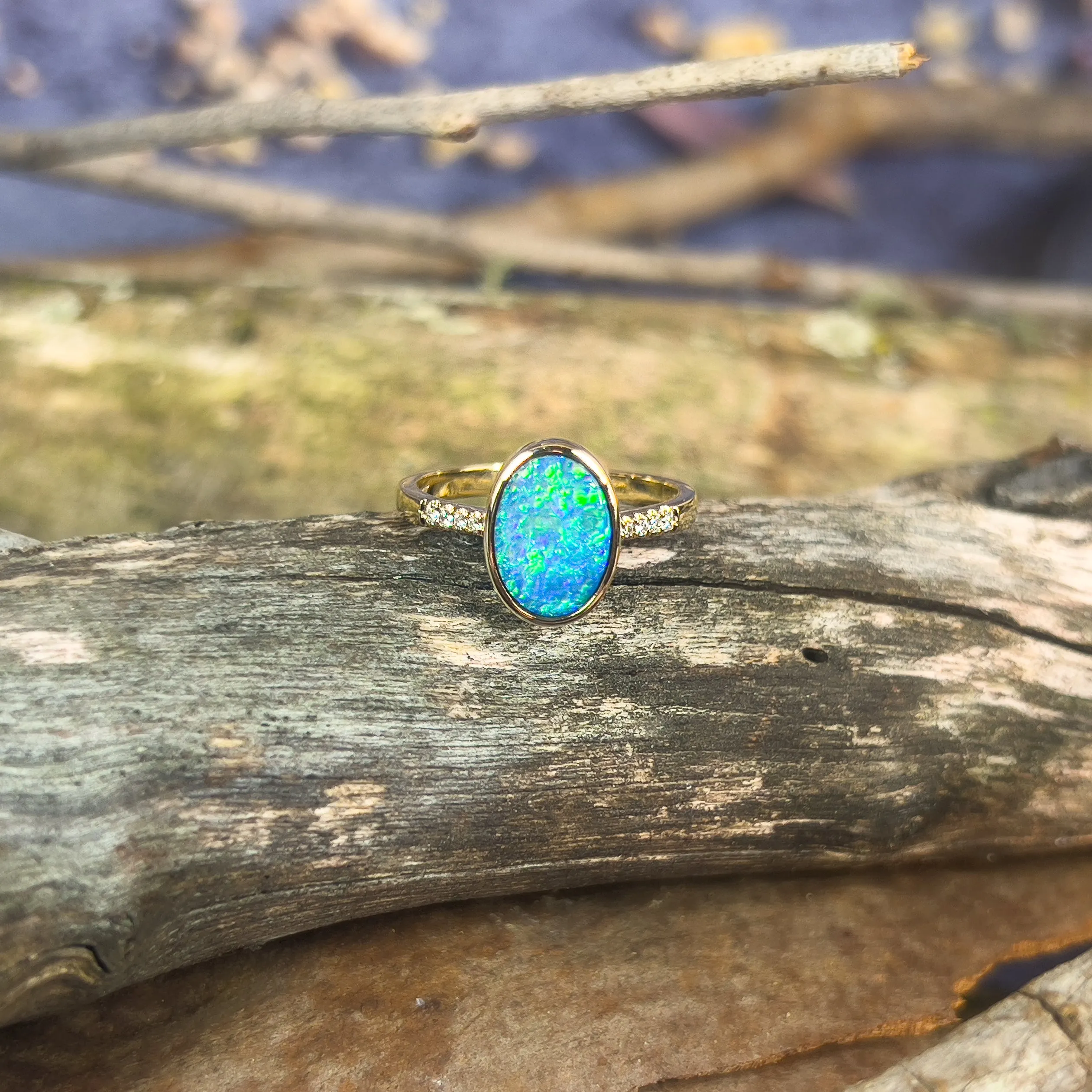 14kt Yellow Gold Black Opal 1.67ct doublet and diamond ring