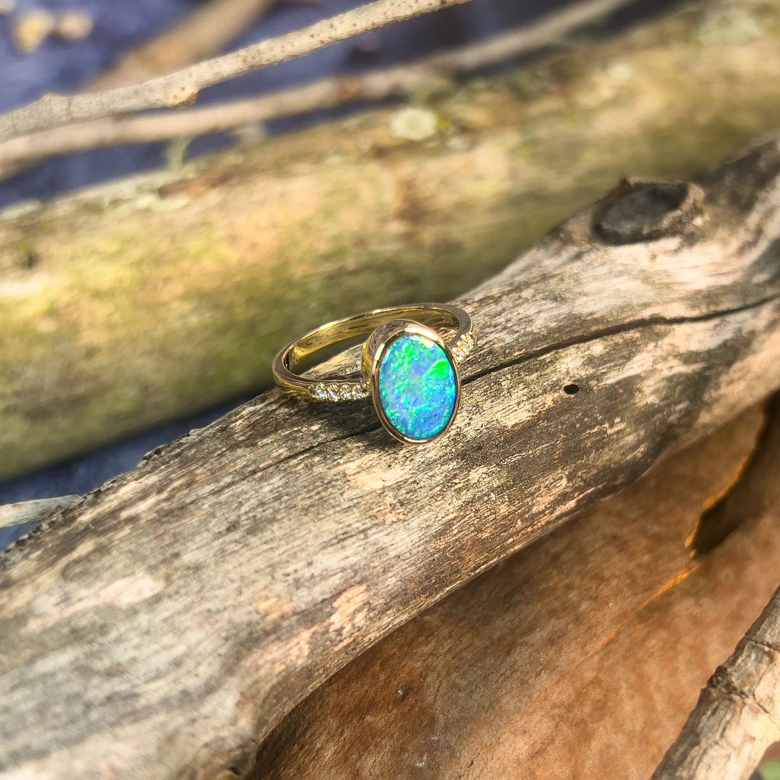 14kt Yellow Gold Black Opal 1.67ct doublet and diamond ring