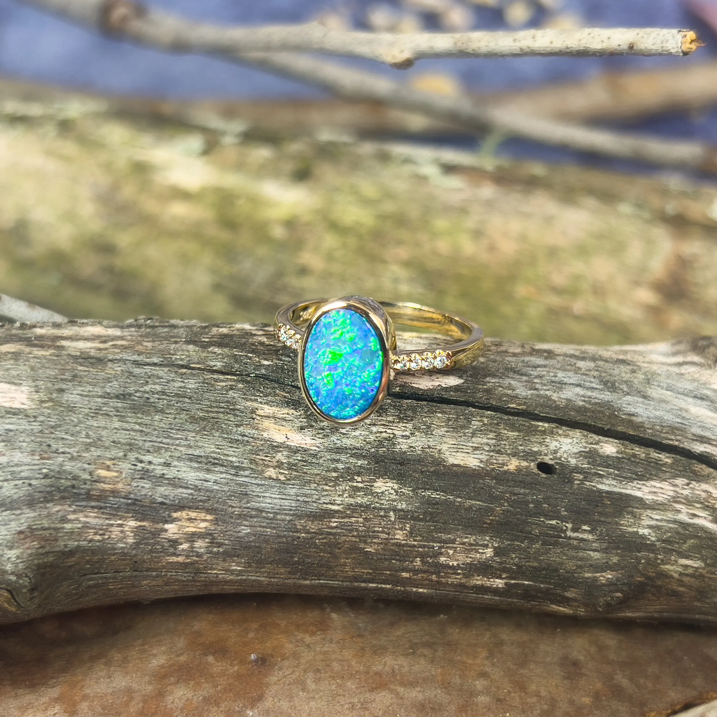 14kt Yellow Gold Black Opal 1.67ct doublet and diamond ring