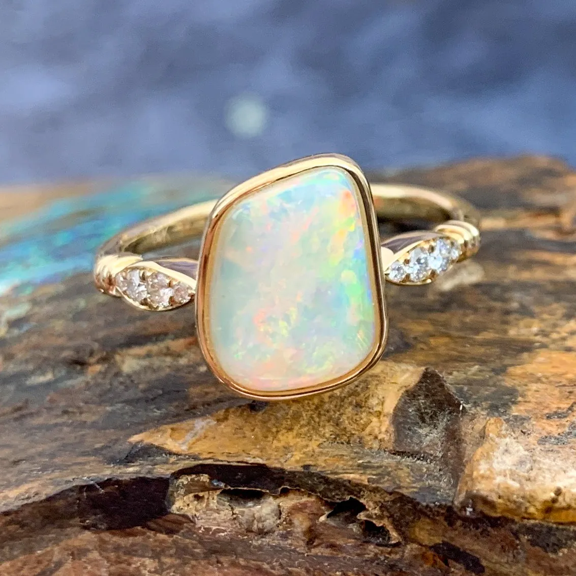 14kt Yellow Gold Light Opal and Diamond ring