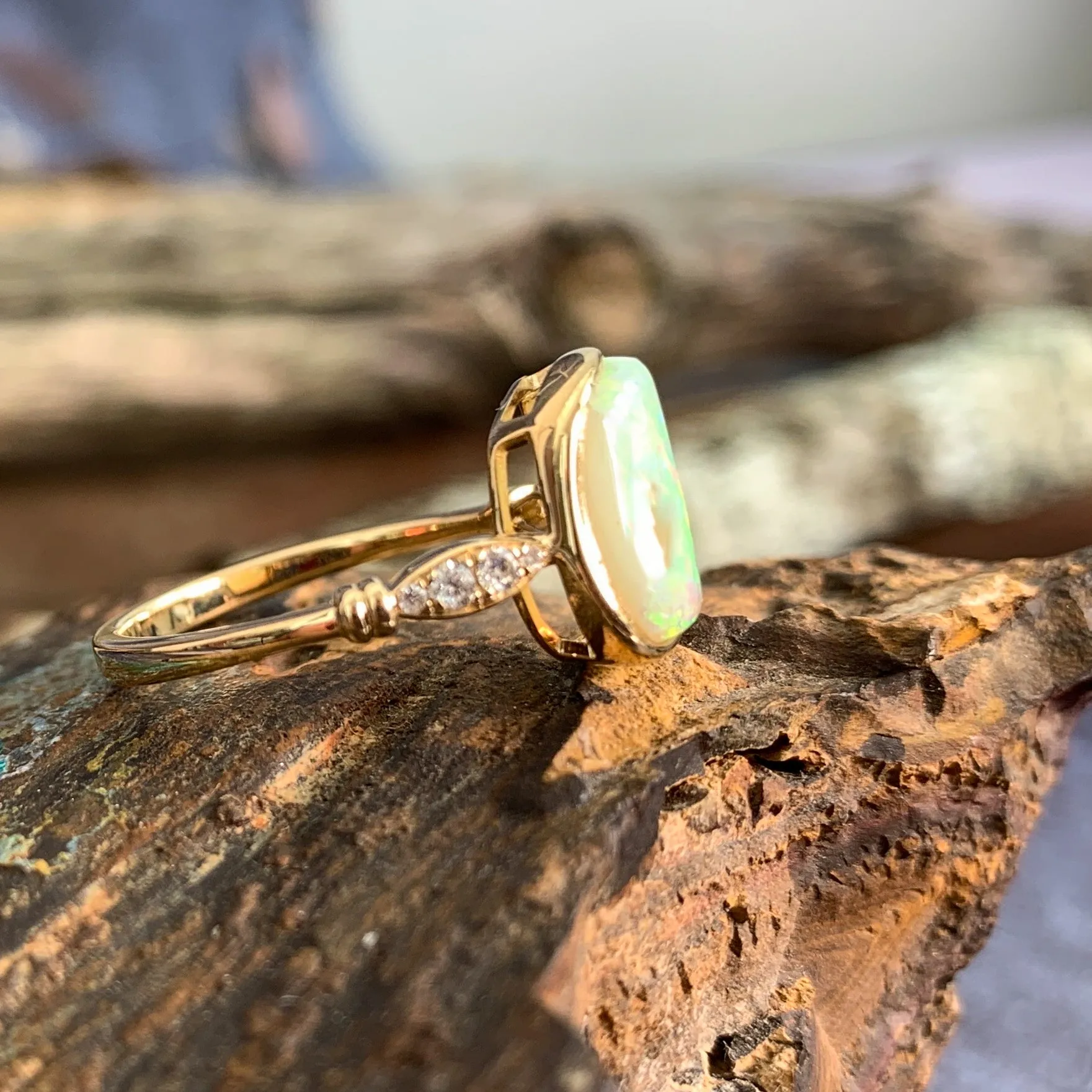 14kt Yellow Gold Light Opal and Diamond ring