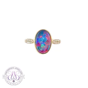 14kt Yellow Gold Oval Fire Opal doublet and diamond ring