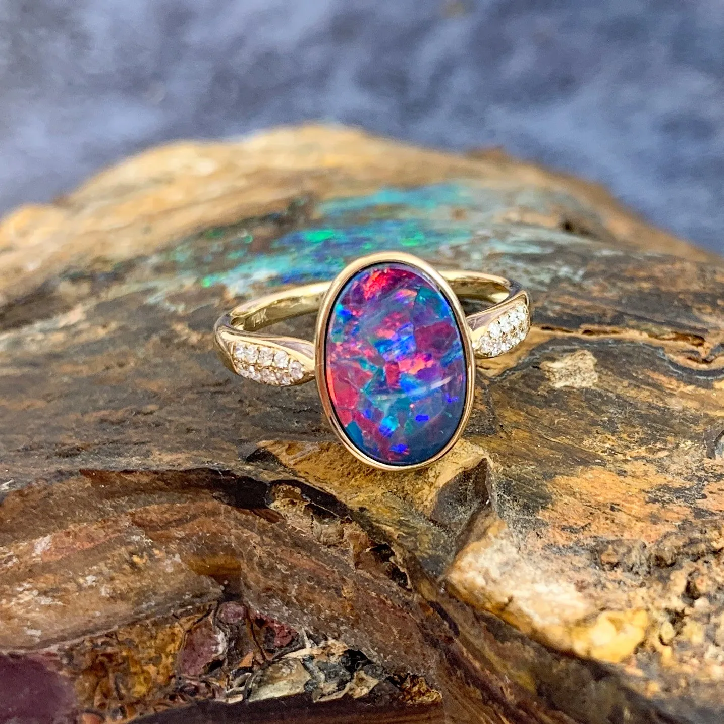 14kt Yellow Gold Oval Fire Opal doublet and diamond ring