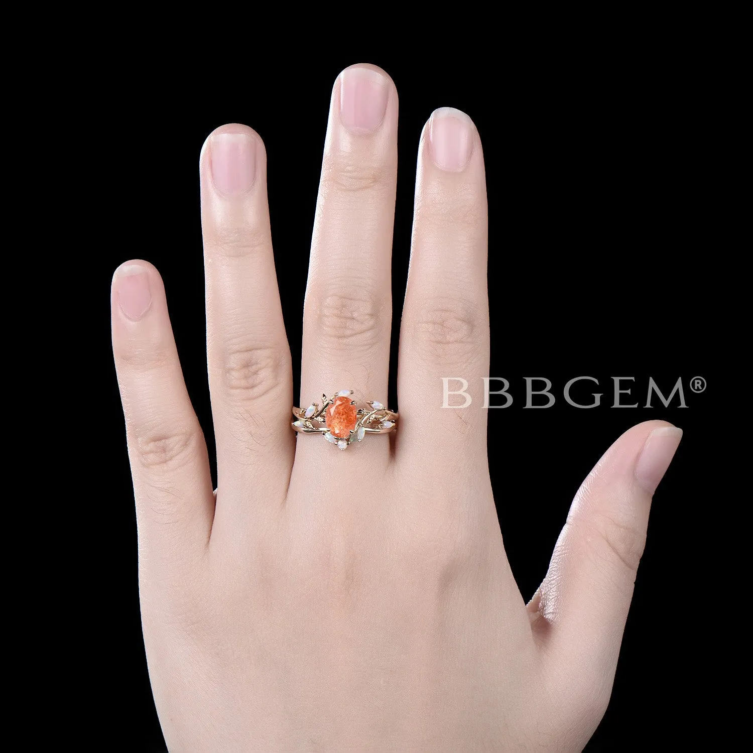 1.5ct Oval Sunstone Engagement Ring Gold Leaf Vine Opal Wedding Ring