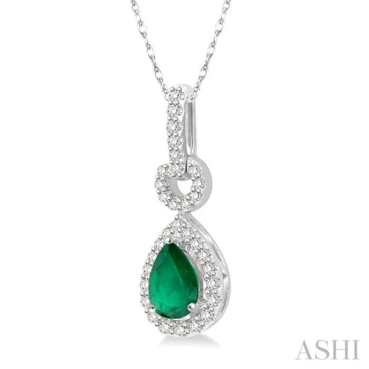 1/6 Ctw Round Cut Diamond and Pear Cut 6x4 MM Emerald Drop Precious Pendant in 10K White Gold with chain