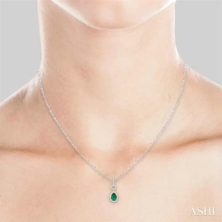 1/6 Ctw Round Cut Diamond and Pear Cut 6x4 MM Emerald Drop Precious Pendant in 10K White Gold with chain