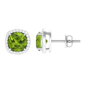 1.75 CT Natural Peridot Stud Earrings with Diamond Halo