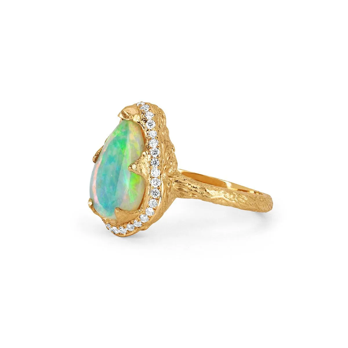 18k One of A Kind Water Drop Premium Blue Opal Queen Ring with Pavé Diamond Halo | Ready to Ship