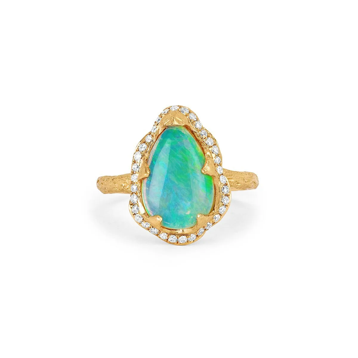 18k One of A Kind Water Drop Premium Blue Opal Queen Ring with Pavé Diamond Halo | Ready to Ship