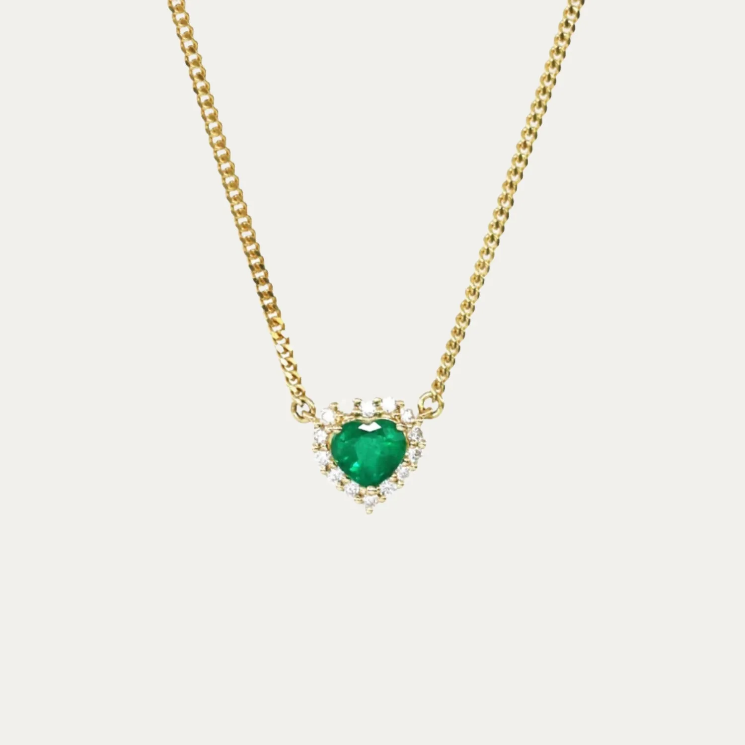 18k Yellow Gold Heart-shaped Emerald Diamond Halo Cuban Chain Necklace