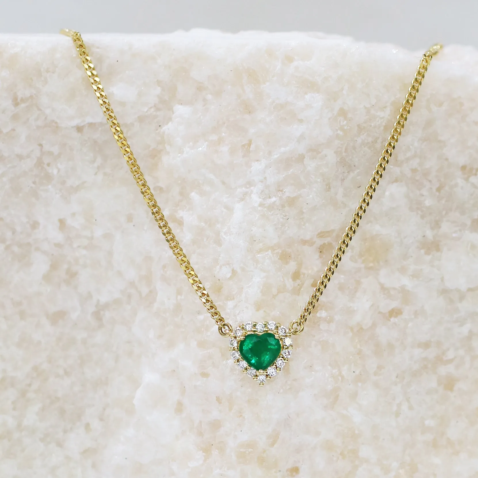 18k Yellow Gold Heart-shaped Emerald Diamond Halo Cuban Chain Necklace