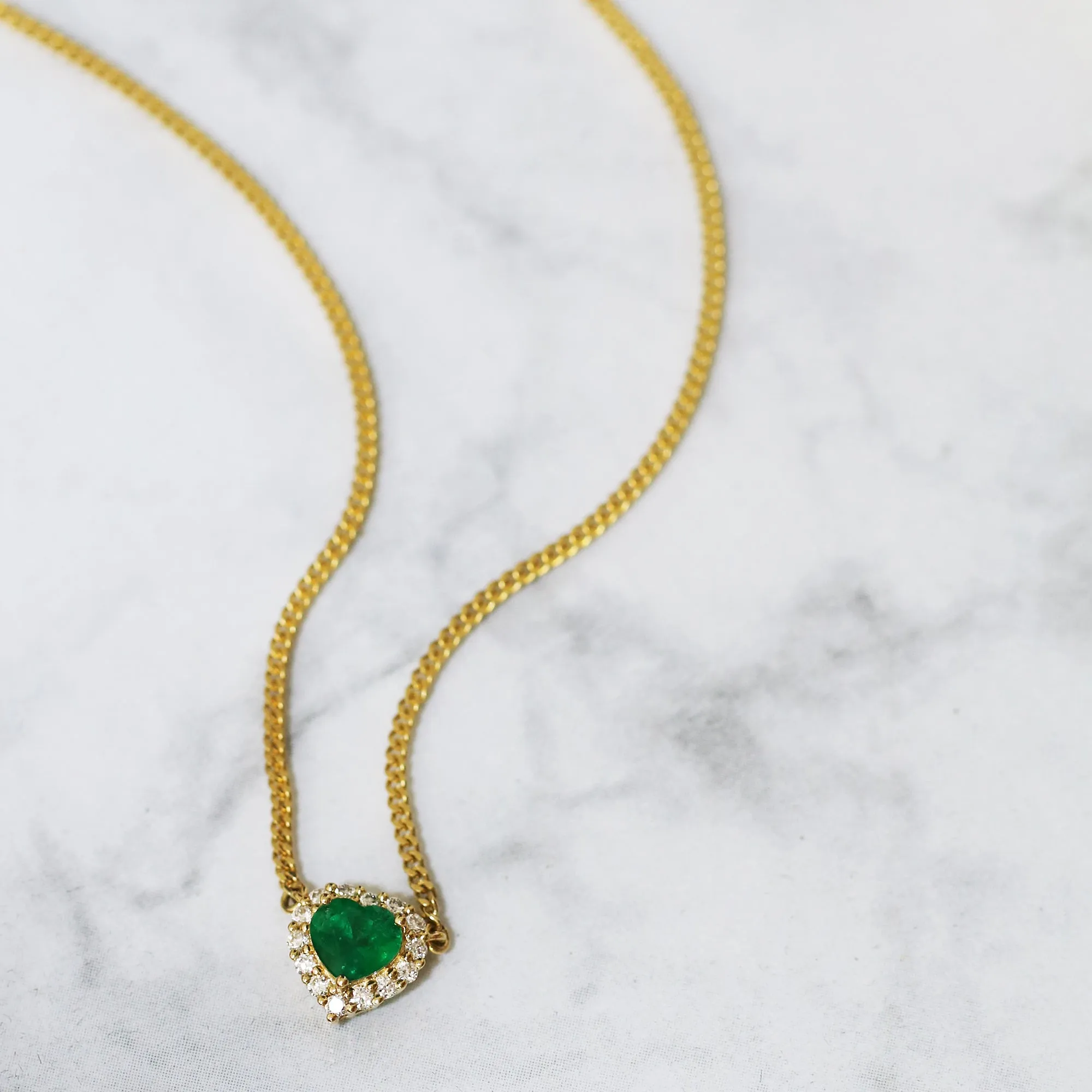 18k Yellow Gold Heart-shaped Emerald Diamond Halo Cuban Chain Necklace