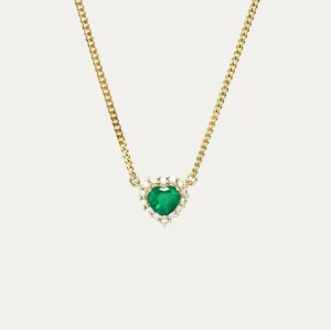 18k Yellow Gold Heart-shaped Emerald Diamond Halo Cuban Chain Necklace