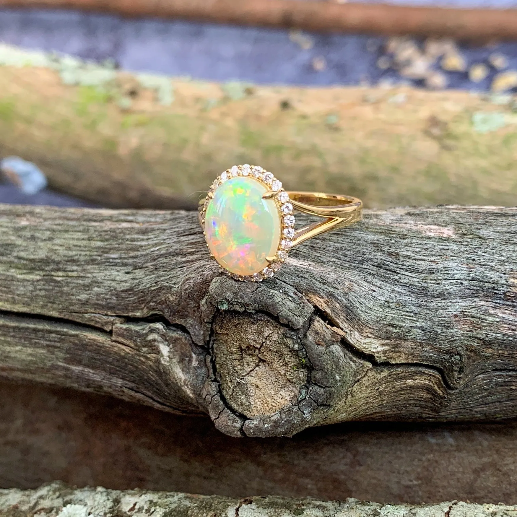 18kt Yellow gold halo cluster Light Opal and diamond opal enagagement ring