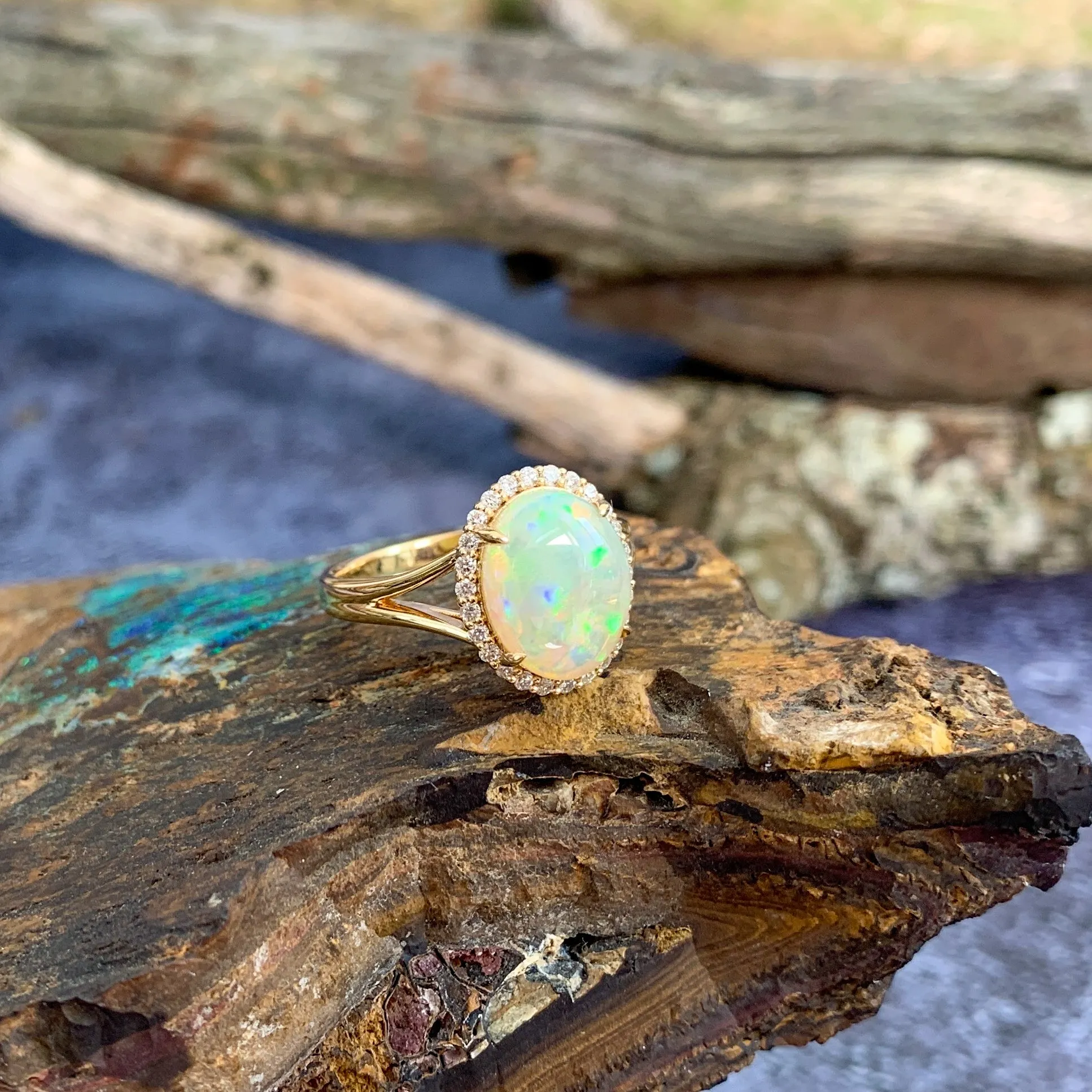 18kt Yellow gold halo cluster Light Opal and diamond opal enagagement ring