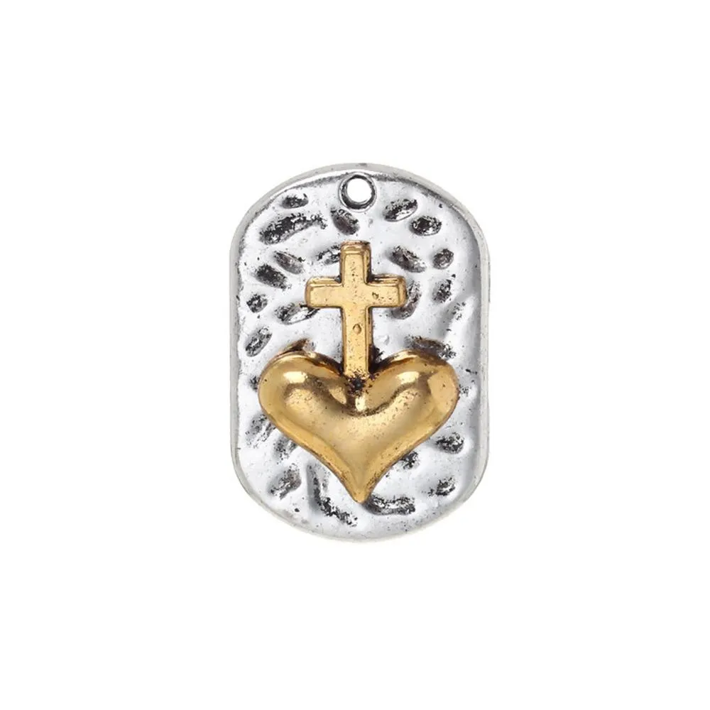 2 Pcs Tibetan Silver RECTANGLE SILVER & GOLD CROSS AND HEART 30mm x 20mm Charms Pendants, Lead & Nickel Free Metal Charms Pendants Beads