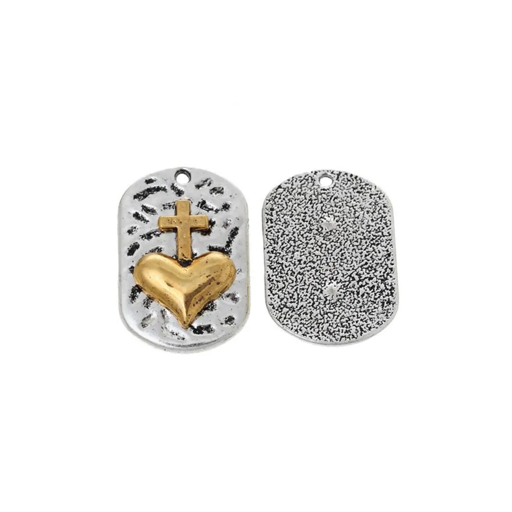 2 Pcs Tibetan Silver RECTANGLE SILVER & GOLD CROSS AND HEART 30mm x 20mm Charms Pendants, Lead & Nickel Free Metal Charms Pendants Beads