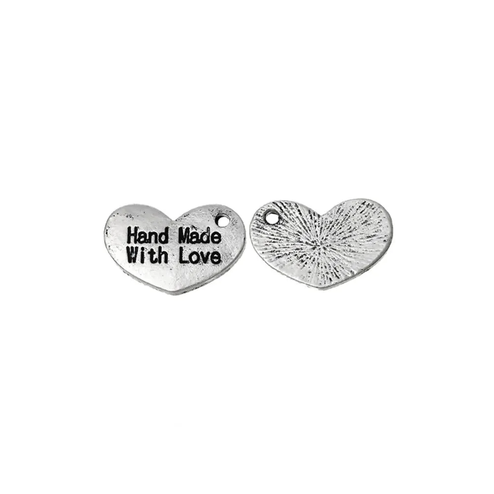 20 Pcs Tibetan Silver "HAND MADE WITH LOVE" HEART Charms Pendants, Lead & Nickel Free Metal Charms Pendants Beads