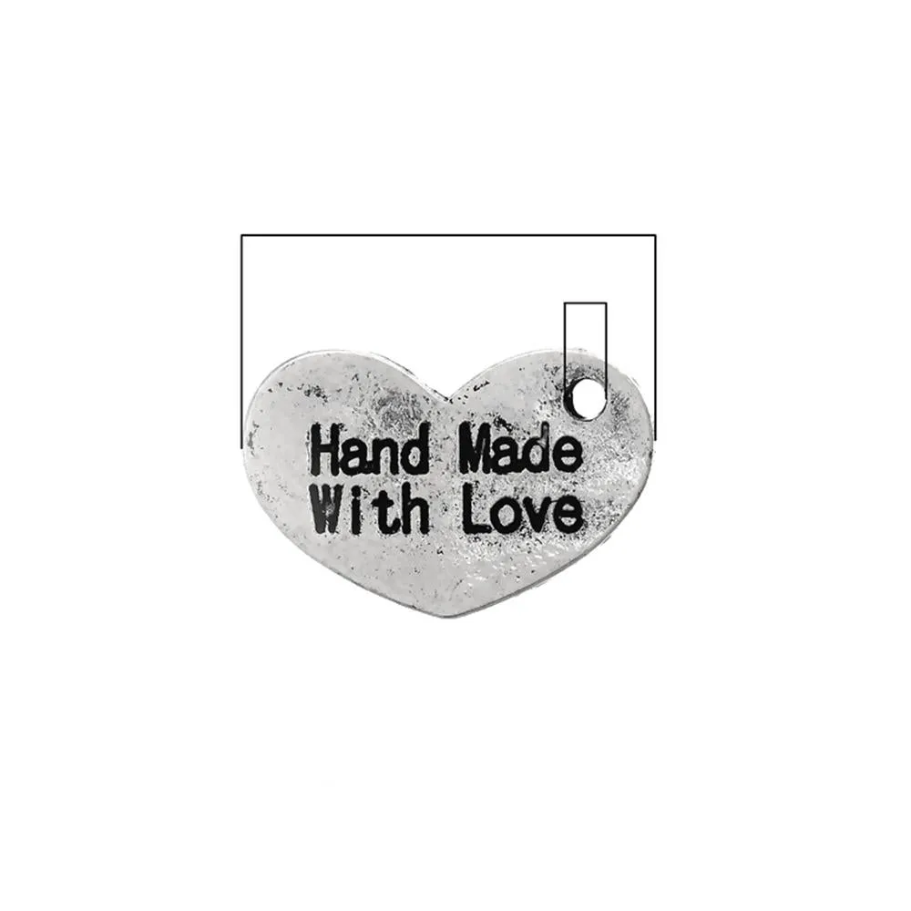 20 Pcs Tibetan Silver "HAND MADE WITH LOVE" HEART Charms Pendants, Lead & Nickel Free Metal Charms Pendants Beads