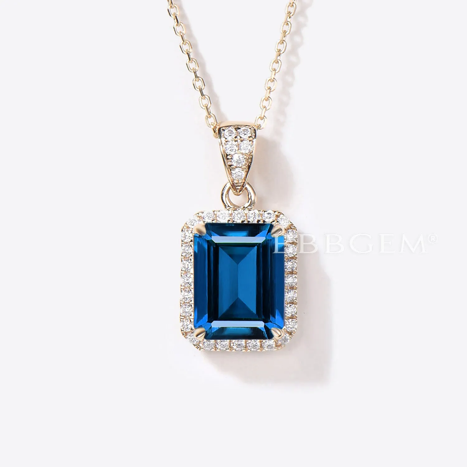 2CT Emerald Cut Blue Sapphire Necklace Halo Diamond Wedding Necklace