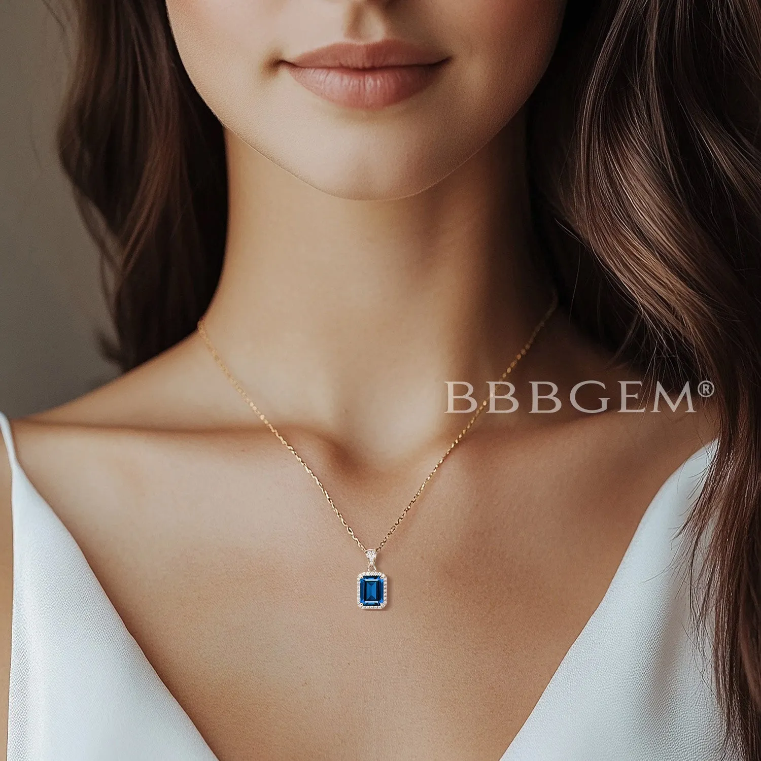 2CT Emerald Cut Blue Sapphire Necklace Halo Diamond Wedding Necklace