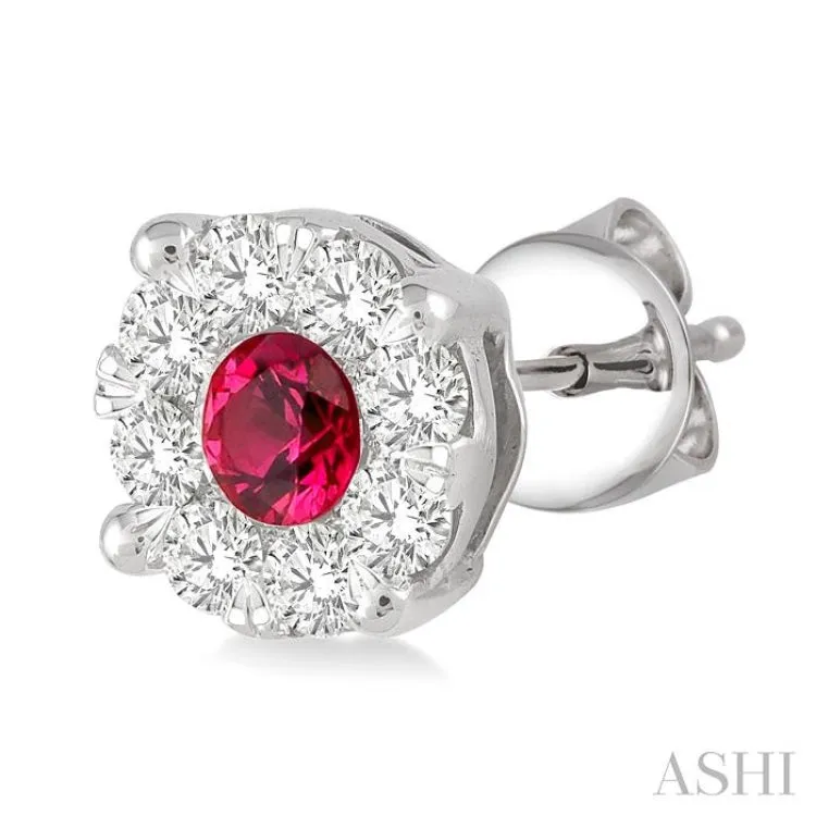 3.3mm Round Cut Ruby and 1/2 Ctw Lovebright Diamond Earrings in 14K White Gold