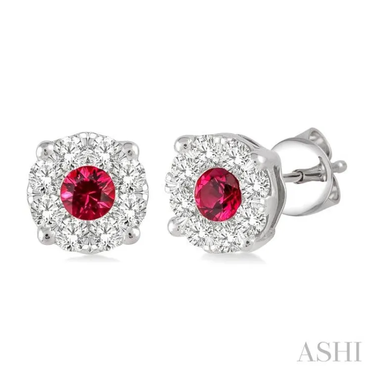 3.3mm Round Cut Ruby and 1/2 Ctw Lovebright Diamond Earrings in 14K White Gold