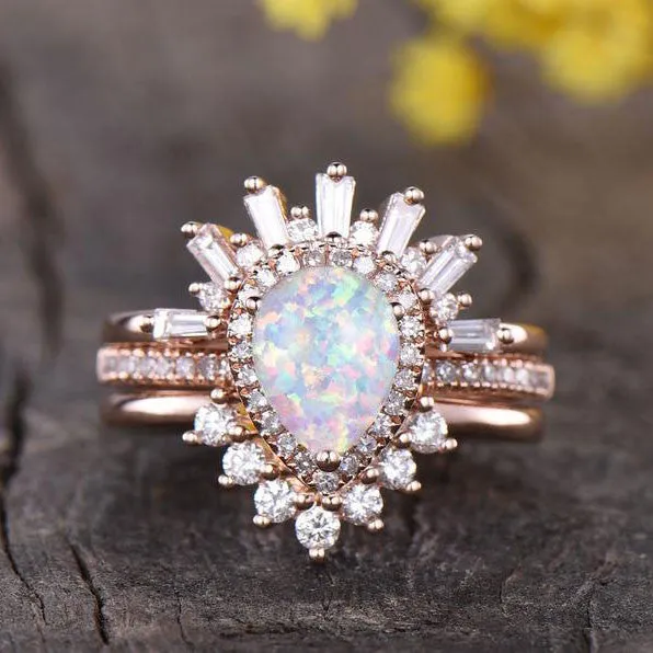 3pcs Pear Shaped White Opal Vintage Engagement Ring Wedding Set