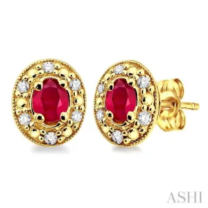 4x3mm Oval Shaped Ruby and 1/10 Ctw Single Cut Diamond Earrings in 10K Yellow Gold