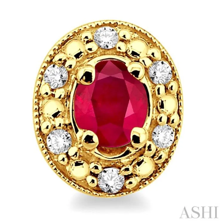 4x3mm Oval Shaped Ruby and 1/10 Ctw Single Cut Diamond Earrings in 14K Yellow Gold