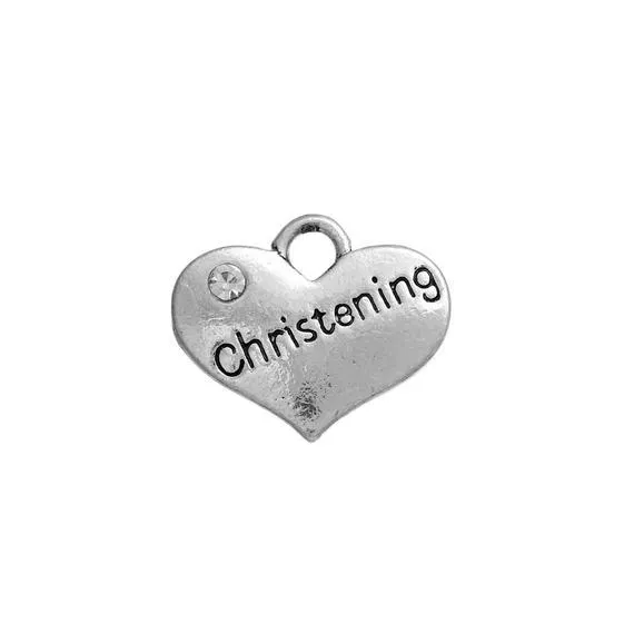 5 Pcs Tibetan Silver and Rhinestone Christening Heart 14X16mm charms Pendants