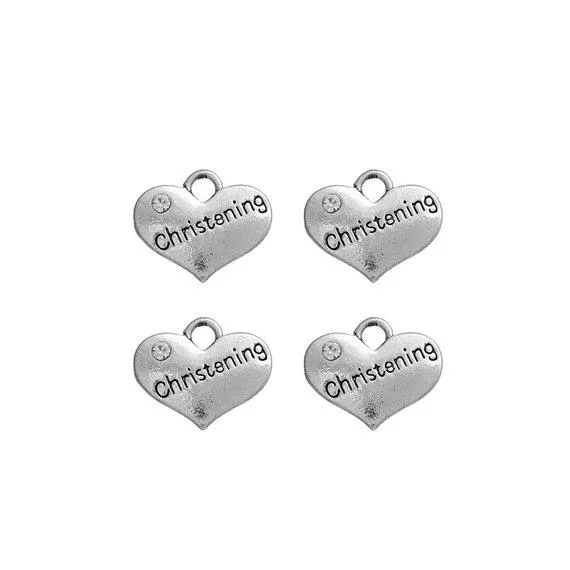 5 Pcs Tibetan Silver and Rhinestone Christening Heart 14X16mm charms Pendants